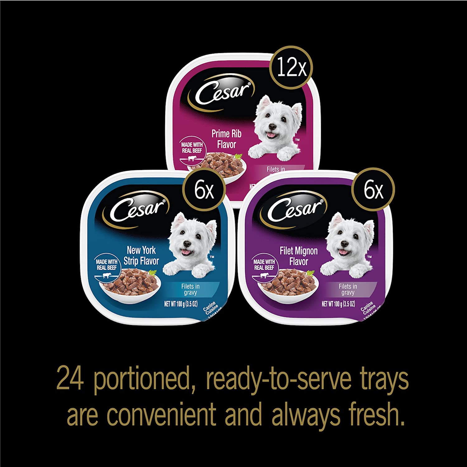 CESAR Adult Soft Wet Dog Food Filets in Gravy Variety Pack， Filet Mignon， New York Strip and Prime Rib Flavors， (24) 3.5 oz. Trays