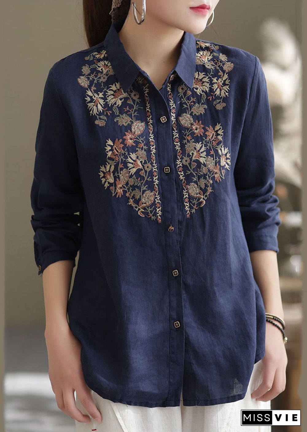 Navy Linen Shirt Top Turn-down Collar Embroideried Spring