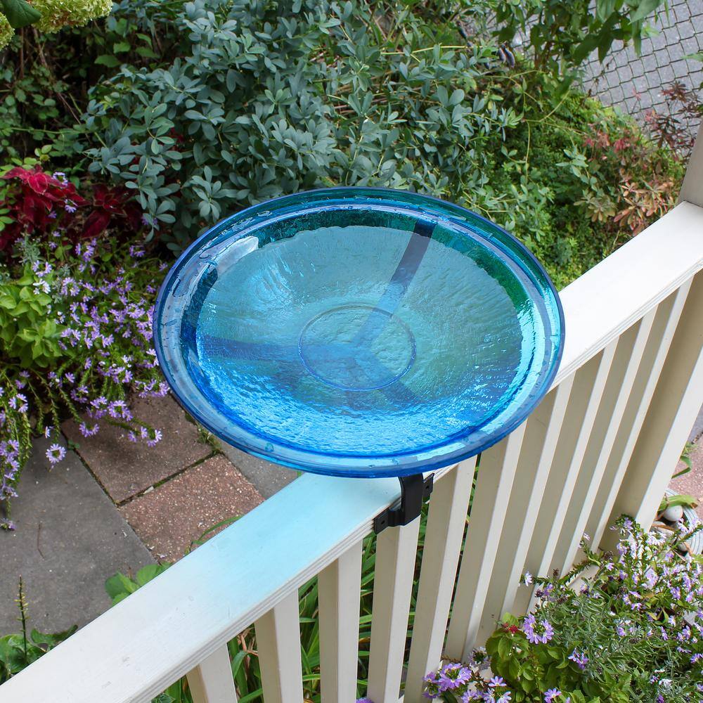 ACHLA DESIGNS 14 in. Dia Round Teal Blue Crackle Glass Birdbath with Black Wrought Iron Over Rail Bracket CGB-14T-OR2