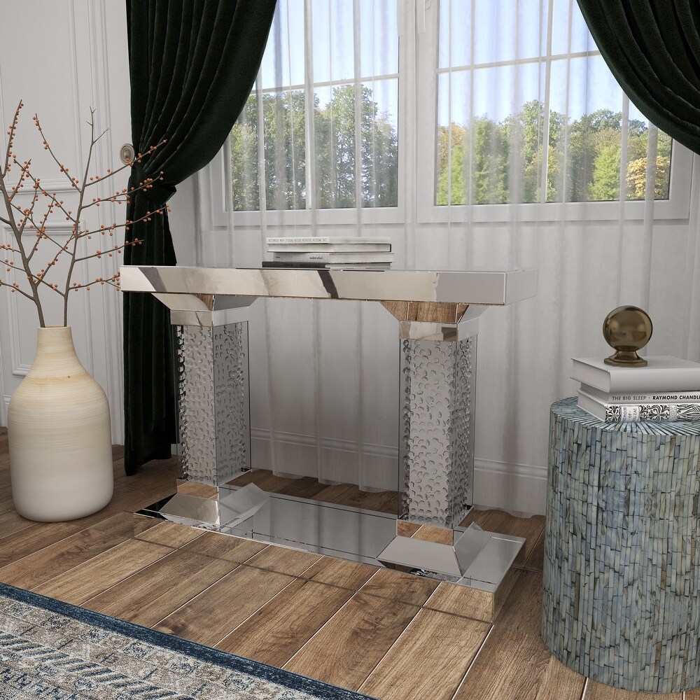 Silver Glass Beveled Mirrored Console Table with Crystal Embedded Pillars   42 x 13 x 31