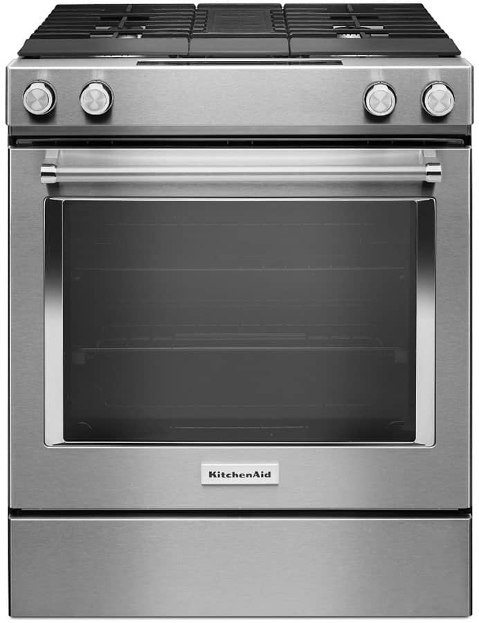 KitchenAid ADA 30 Stainless Steel Dual Fuel 4-Burner Downdraft Slide-In Range