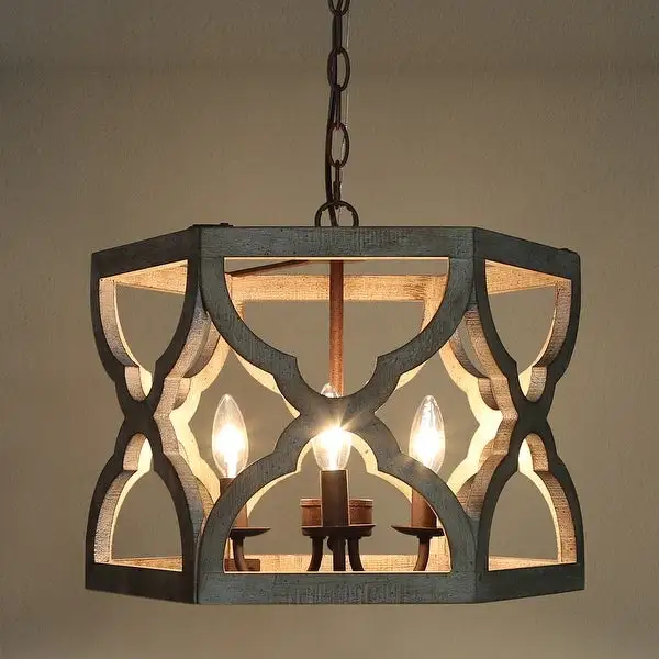 Woodly Farmhouse 3-Light Wood Chandelier Lantern Island Lights for Dining Room - 16.5