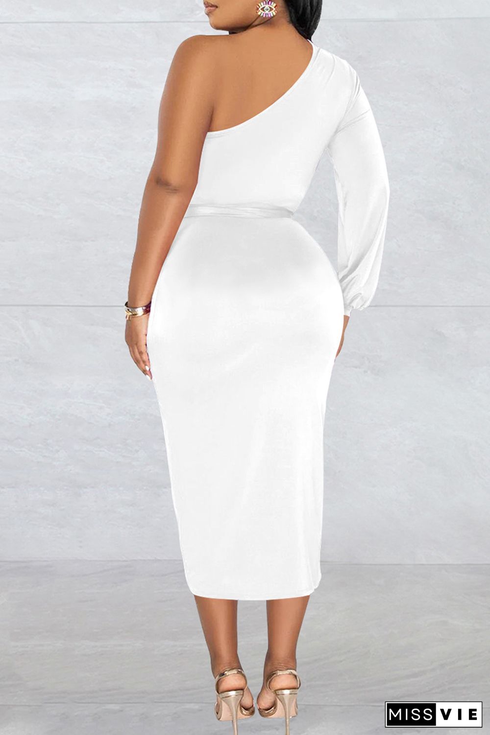 White Casual Solid Patchwork Backless Oblique Collar Long Sleeve Dresses