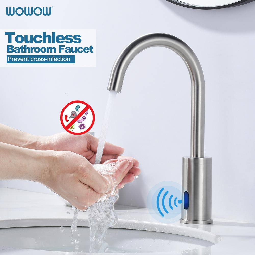 WOWOW Battery-Powered Commercial Touchless Single Hole Bathroom Faucet with Deck Plate in Brushed Nickel 2322301-BHHD