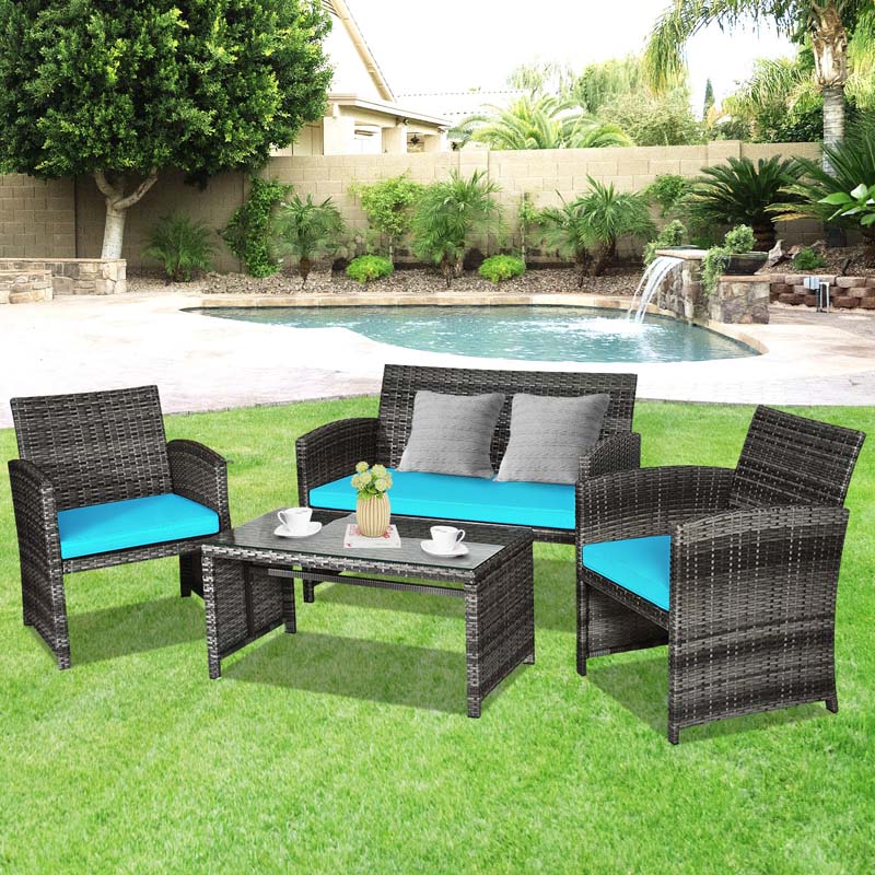 4 Pcs Rattan Wicker Patio Furniture Sets, Outdoor Conversation Sets with Loveseat, Table, Single Sofas