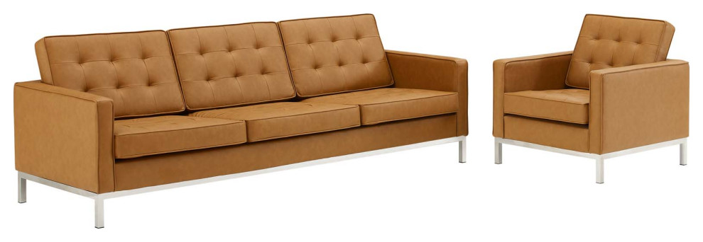 Loft Tufted Upholstered Faux Leather Sofa and Armchair Set Silver Tan   Contemporary   Sofas   by Kolibri Decor  Houzz