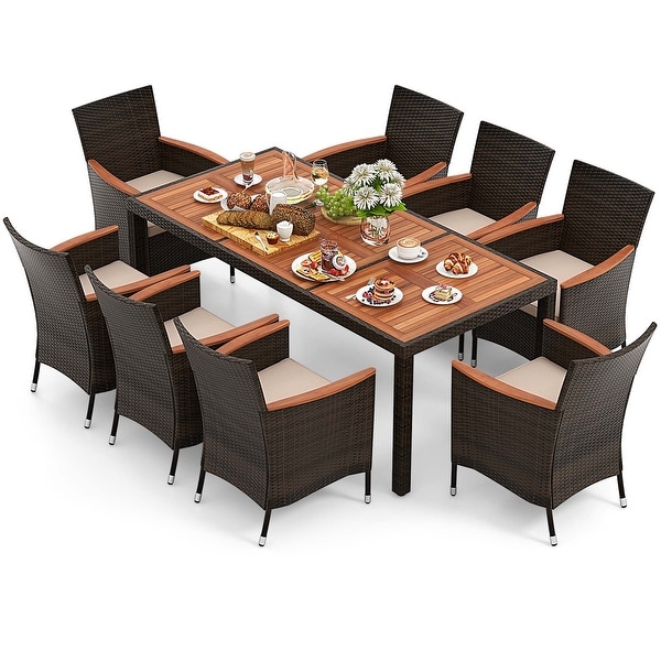 Costway 9PCS Patio Wicker Dining Set Acacia Wood Table Top Umbrella