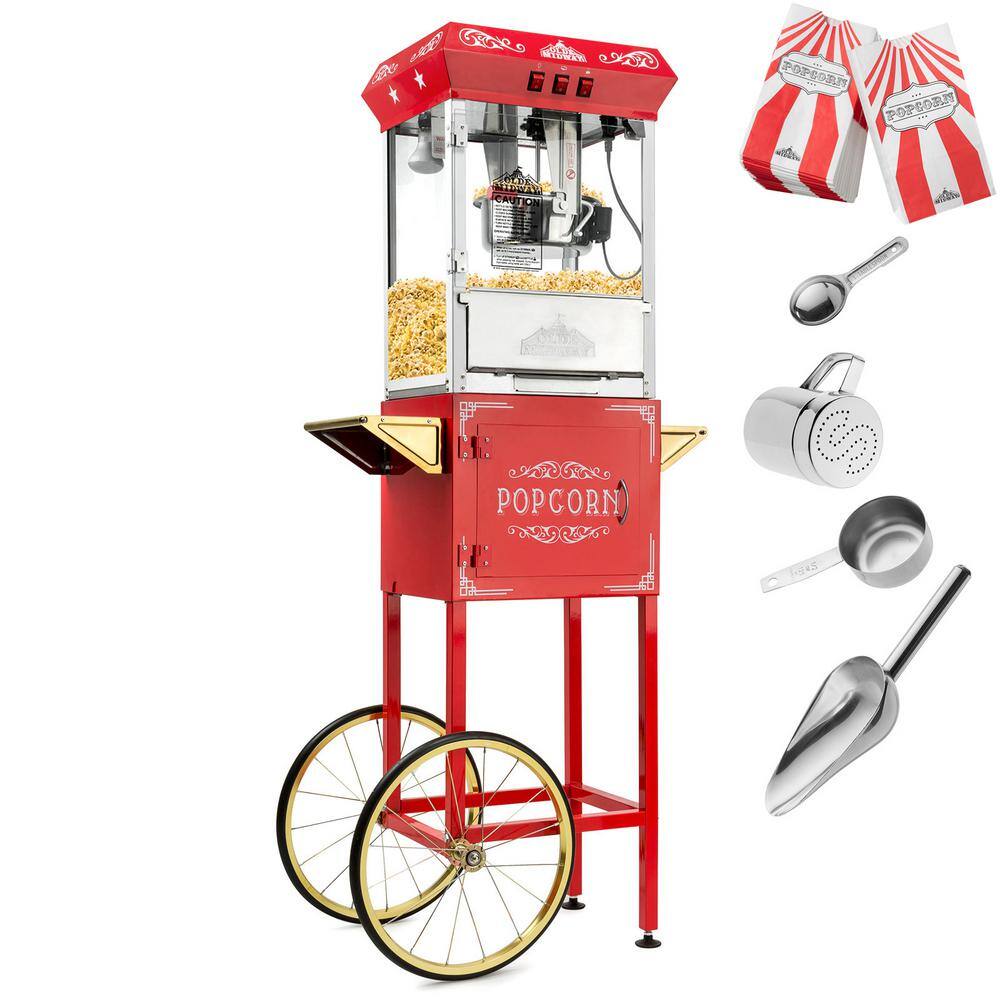 Olde Midway 850 W 8 oz. Red Vintage Style Popcorn Machine with Cart POP-P850-RED.