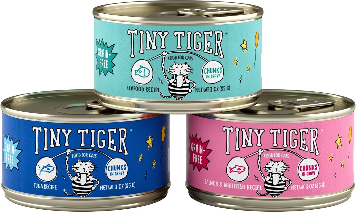 Tiny Tiger Chunks in Gravy Seafood Recipes Variety Pack Grain-Free Canned Cat Food