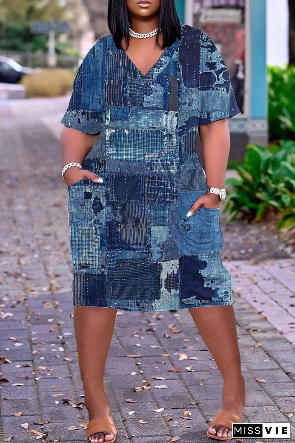 Dark Blue Casual Print Patchwork Pocket V Neck Short Sleeve Dress