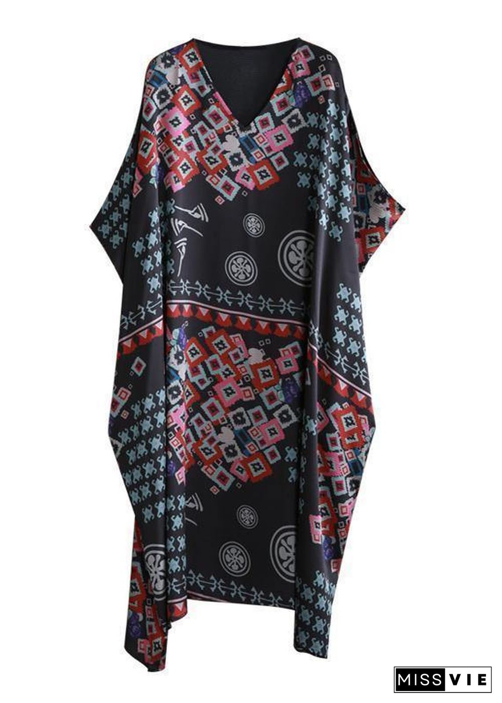 Beautiful black print clothes v neck Batwing Sleeve Traveling summer Dress