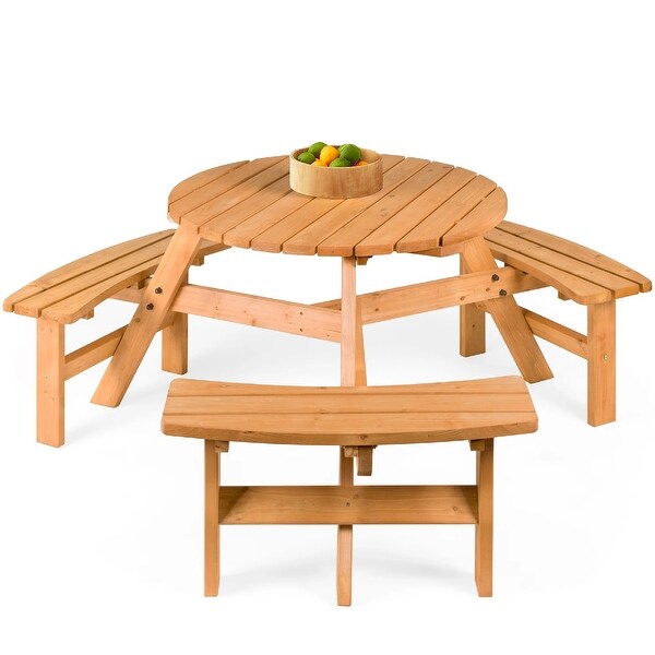 6Person Circular Wooden Picnic Table w/ Umbrella Hole，3 Benches