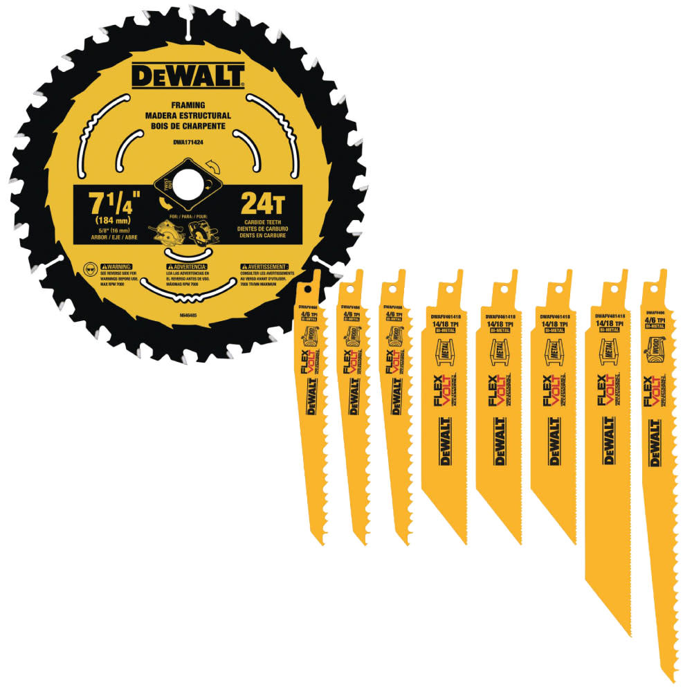 DEWALT FLEXVOLT Reciprocating Saw Blade Set- 8 Pack and 7-1/4-in 24T Saw Blades with ToughTrack Tooth Design - 3 pack DWAFV48SETDWA1714243 from DEWALT