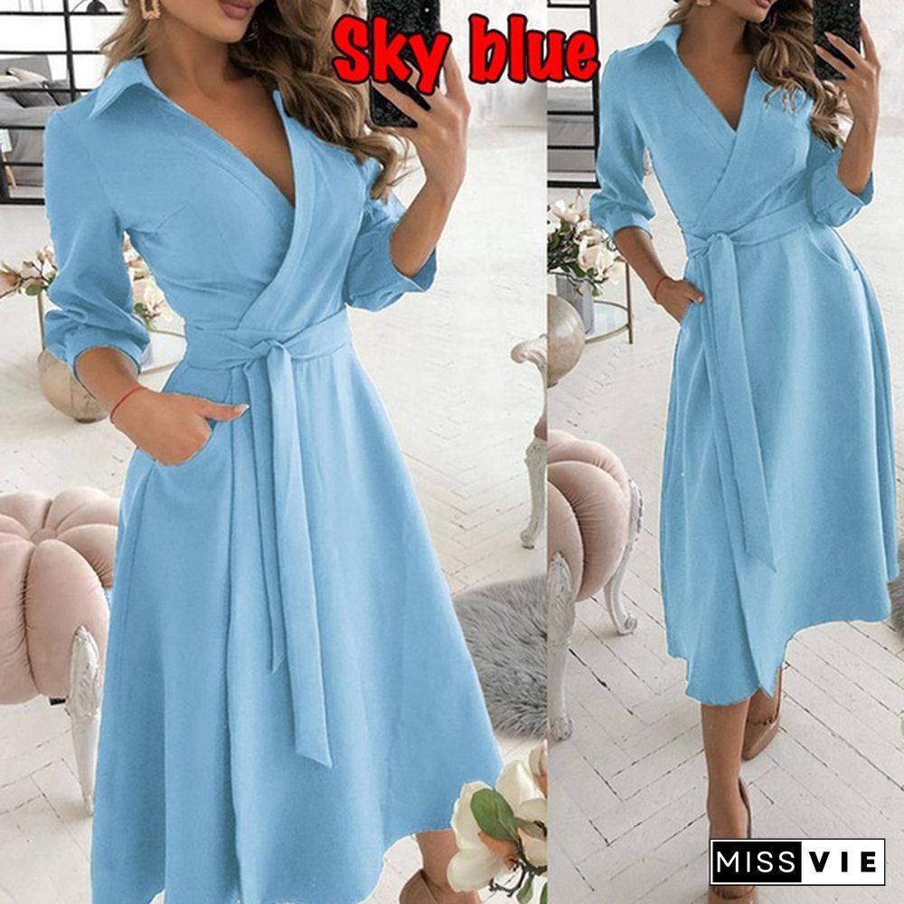 Fashion V-neck Print Dress Summer Casual Dress Belt Lace Up Party A Line Prom Dress Long Sleeve Ladies Tunic Dress