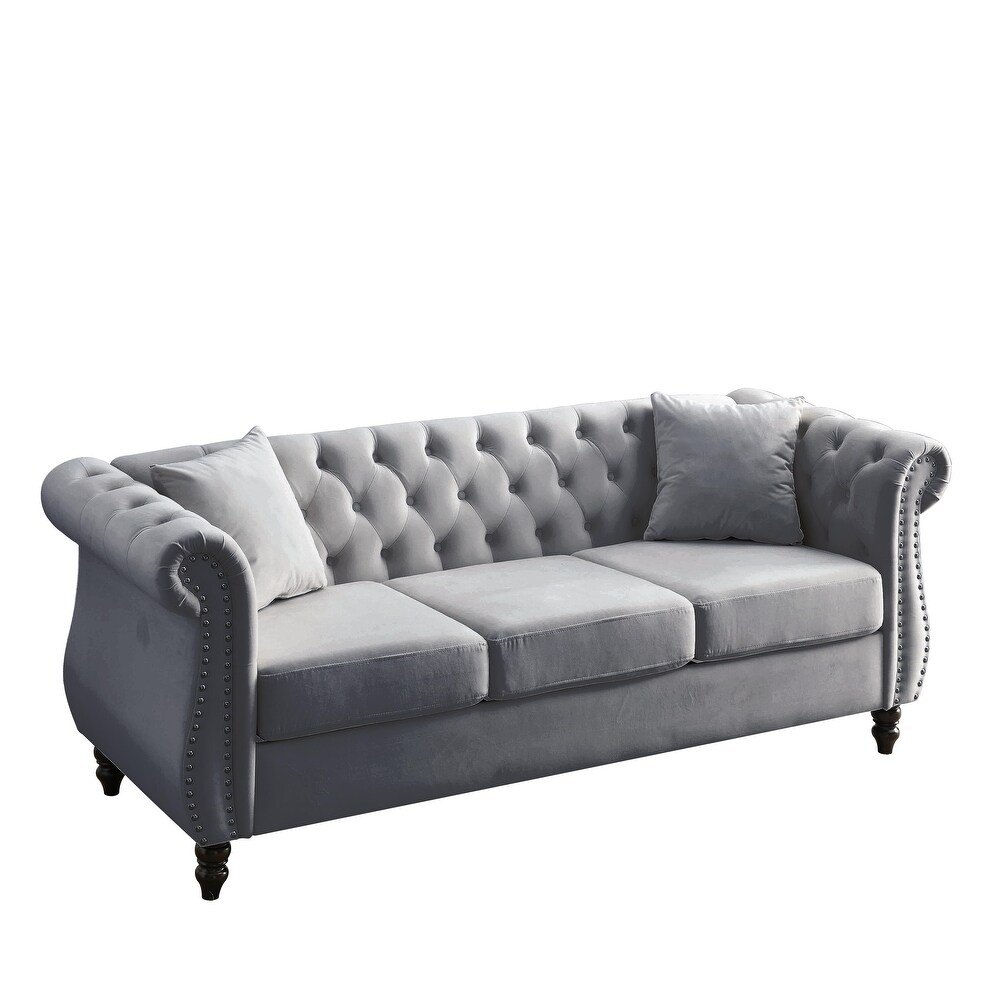 Velvet Upholstered Chesterfield Sofa Set Ergonomic Nailheads Couches Set with Removable Cushions for Livingroom