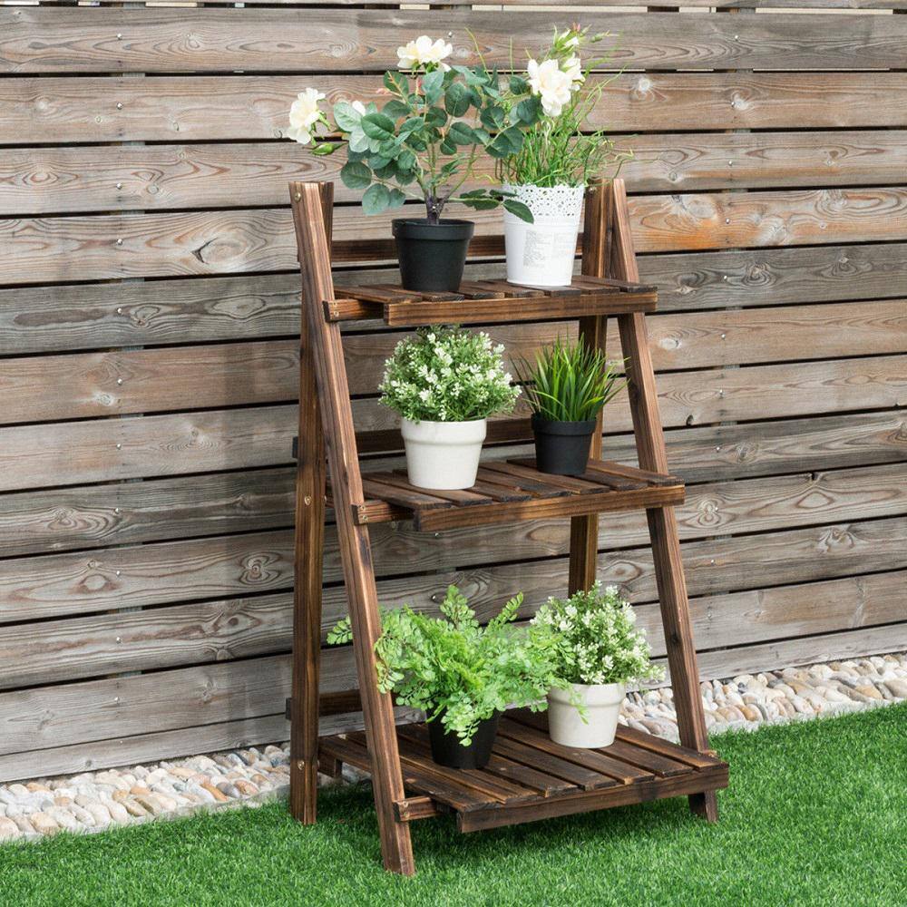 Costway 24 in. x 15 in. L x 37 in. Ladder Indoor Outdoor Brown Wood Plant Stand (3-Tiers) J9DD11