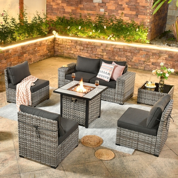 OVIOS Patio Wicker Furniture Wide Arm 7piece Fire Pit Set with Table