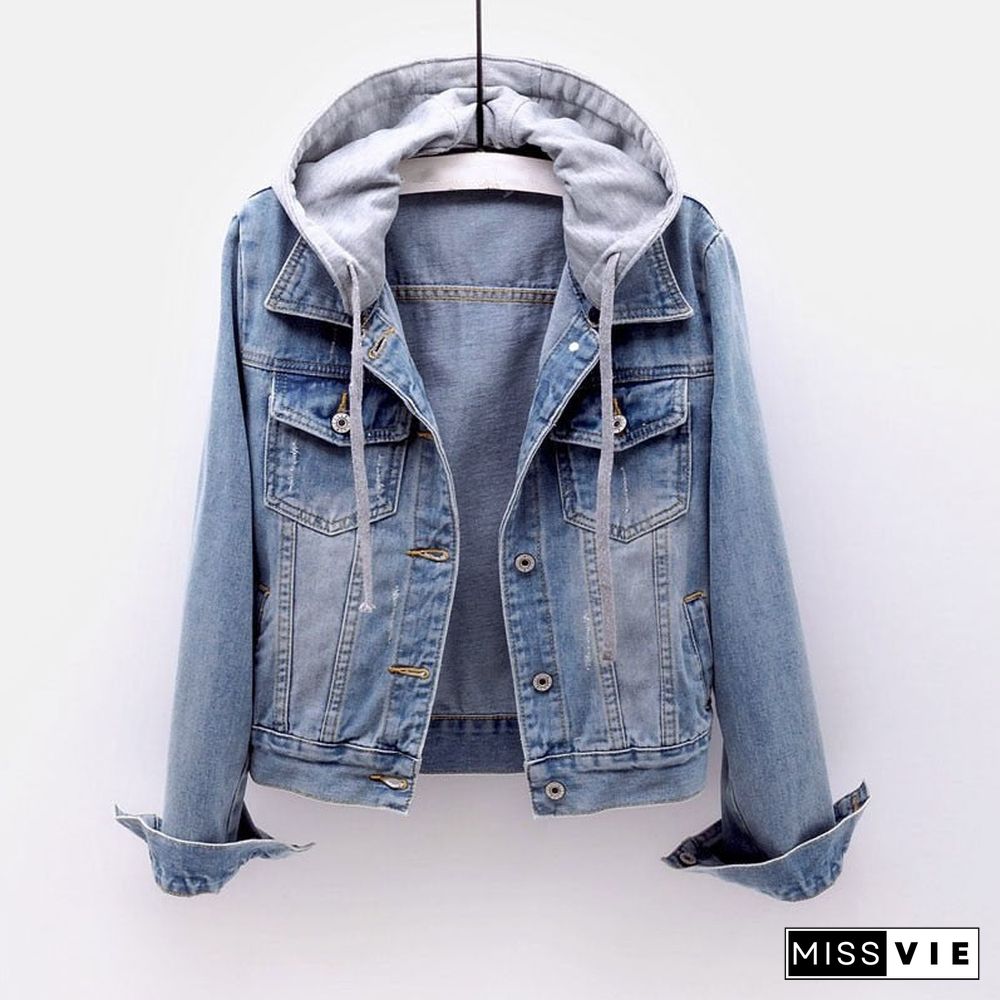 Jacket women Women's denim jacket short spring and autumn hooded jacket all-match student jacket Plush denim jacket Parkas