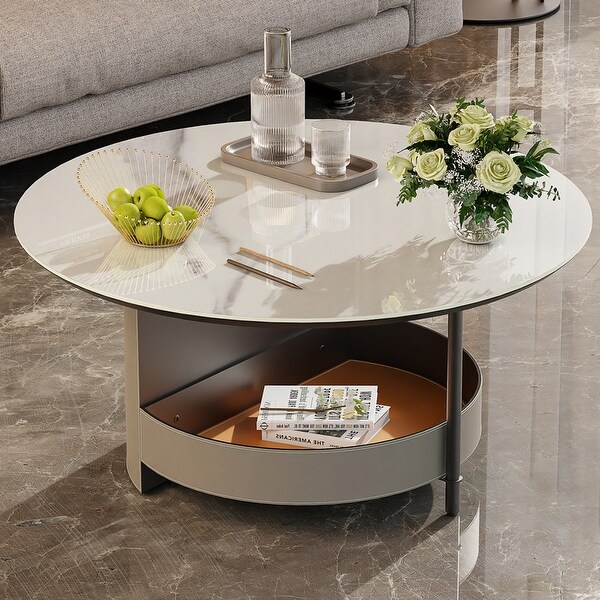 Sintered Stone Round Coffee Table Microfiber Saddle Leather Covered