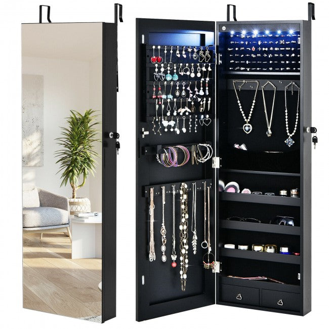 6 LEDs Mirror Jewelry Cabinet Full Screen Display Armoire Organizer with 2 Drawers