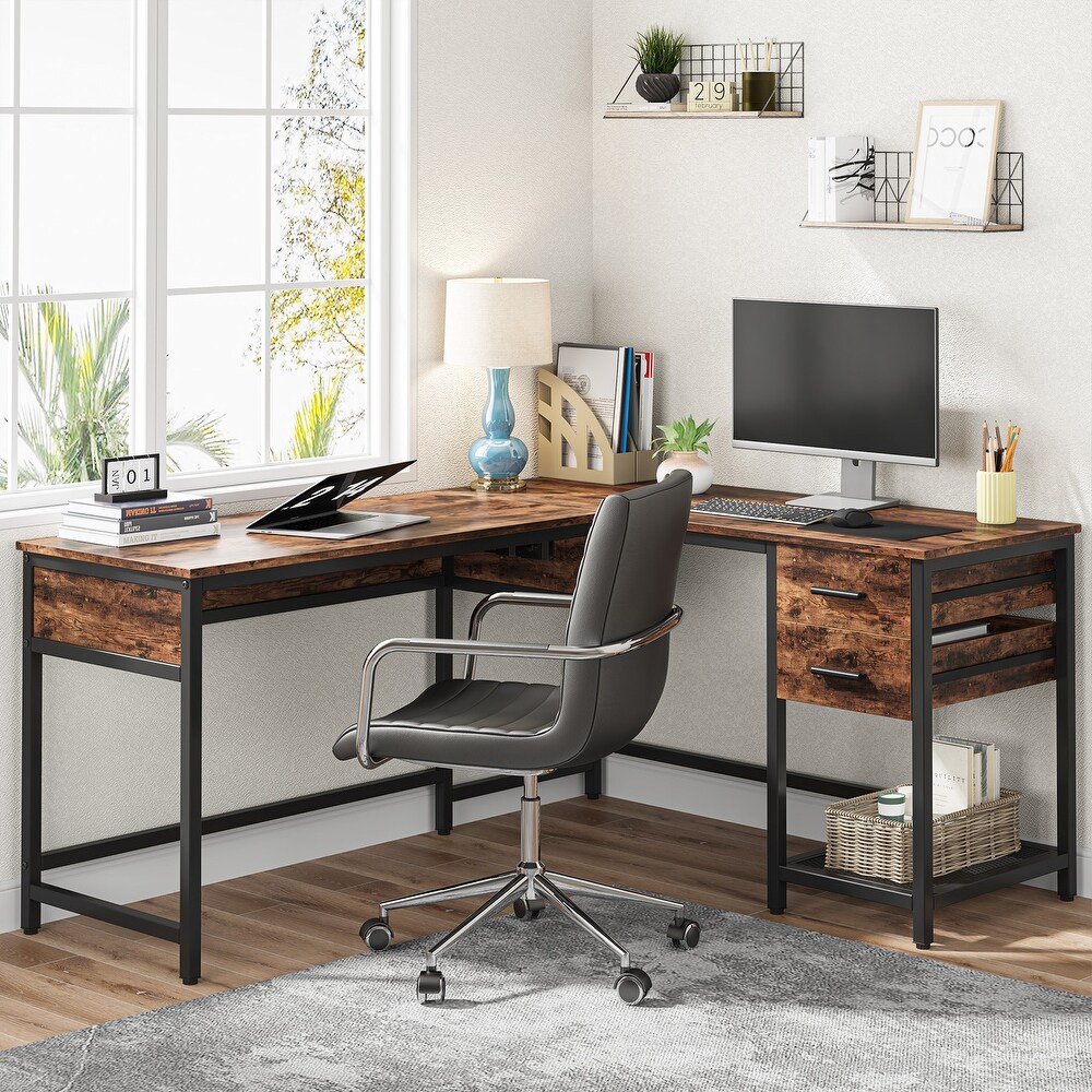 Wood Solid 59’’ L shaped Computer Corner Desk with Lift Top  Industrial Writing Table with Drawers and Storage Shelves