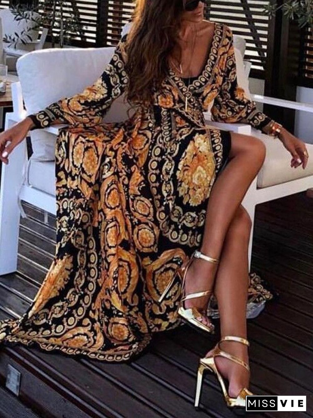 Women Sexy Deep V Neck Glitter Printed Evening Party Maxi Dress