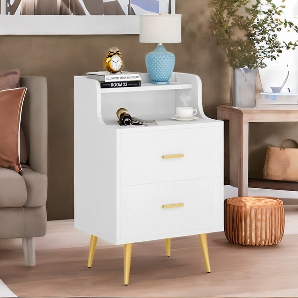 White Nightstand Modern Bedside Table with 2 Drawers