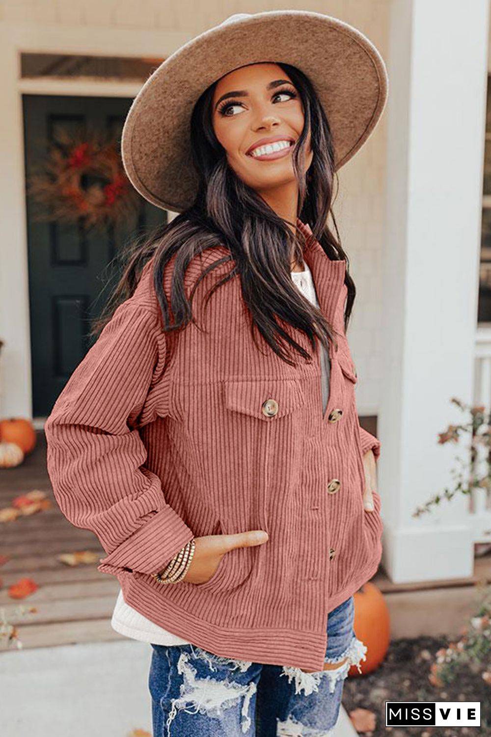 Pink Ribbed Corduroy Long Sleeve Jacket with Pocket