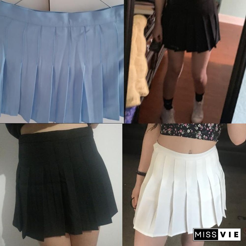 Women School Girls A-line Dress Summer Girls A Lattice Short Dress High Waist Pleated Tennis Skirt Uniform with Inner Shorts