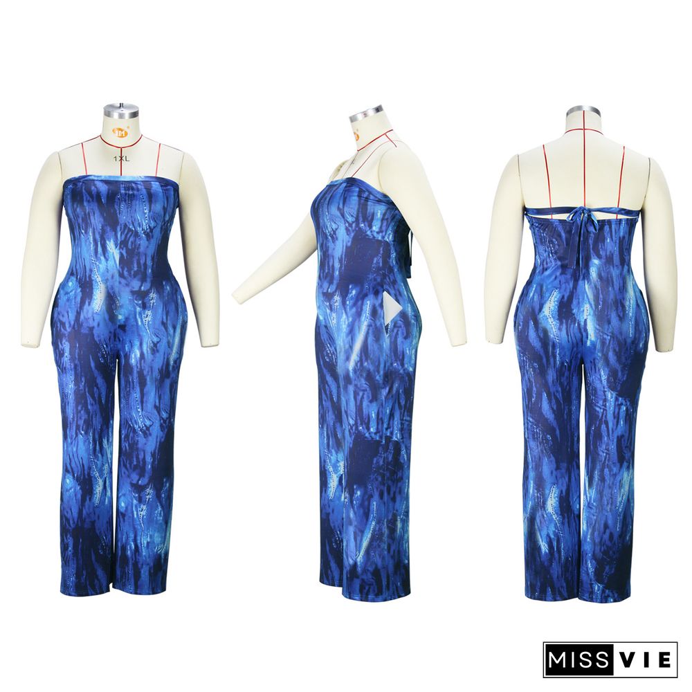 Tie Dye Print Strapless Loose Wide Leg Jumpsuit