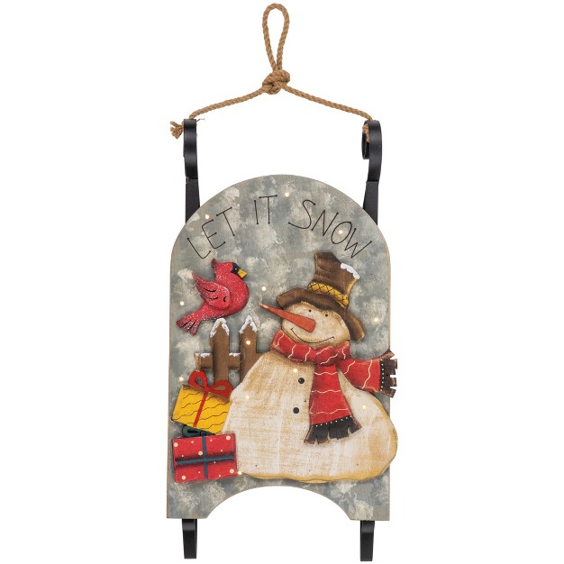 Led Lighted Wooden Sled With Snowman And Cardinal Christmas Decoration