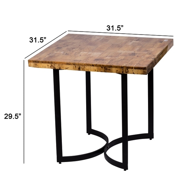 32 Inch Side End Table， Hardwood Square Top， Curved Iron Base， Brown， Black