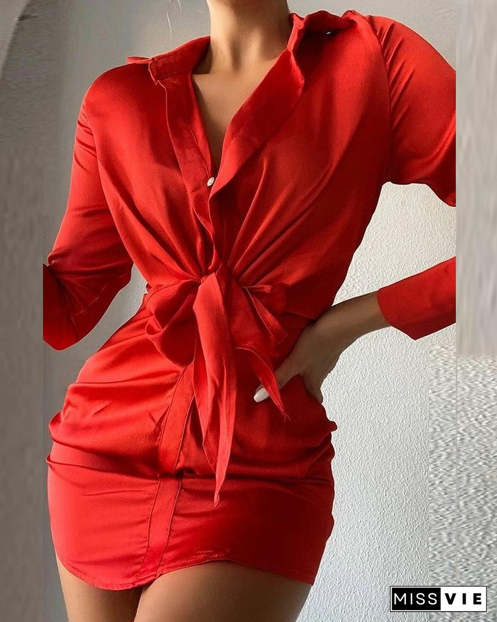 Solid Color Long Sleeve Tie Front Dress