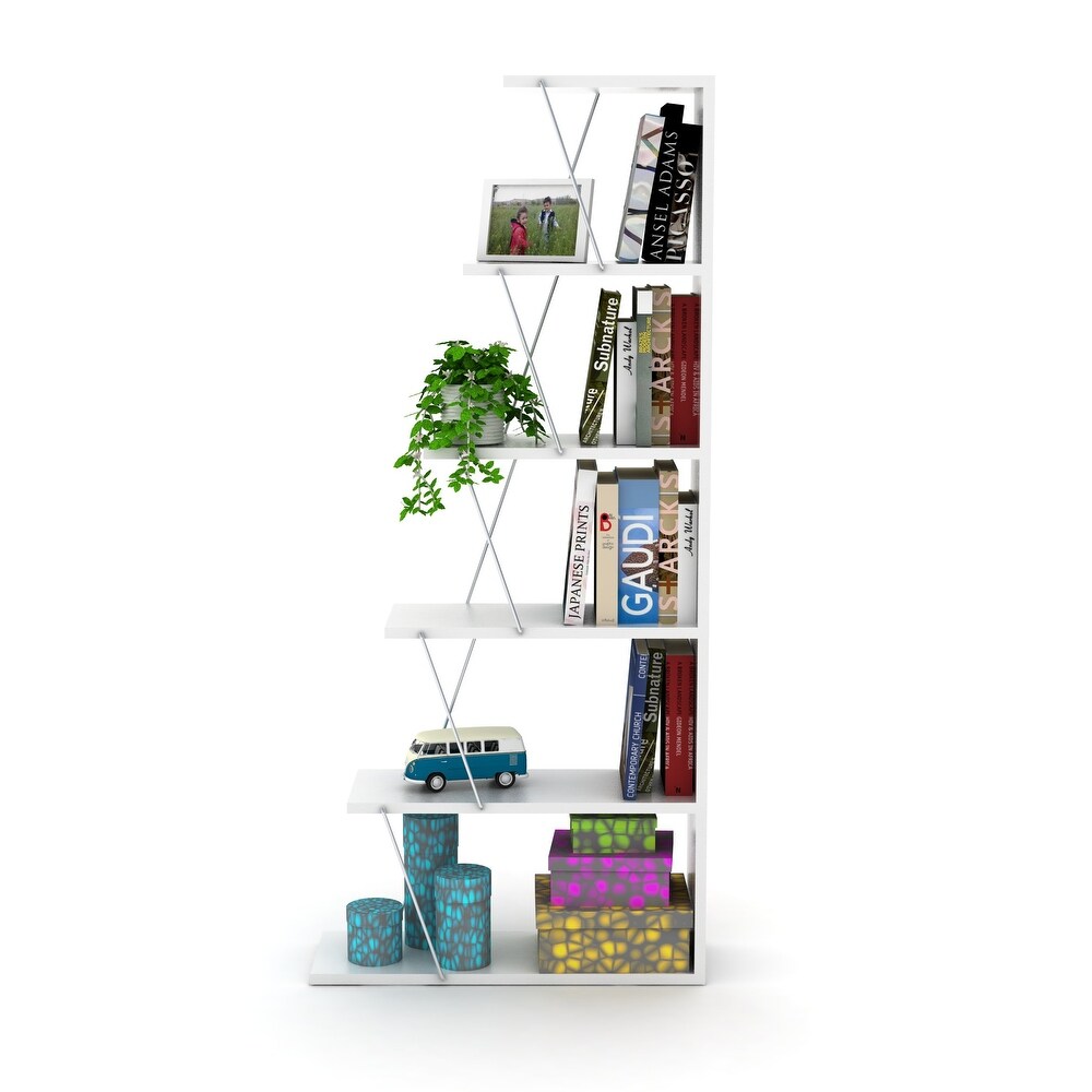 5 Tier Ladder Narrow Bookshelf Organizers for Small Spaces Office Furniture  Walnut/Yellow