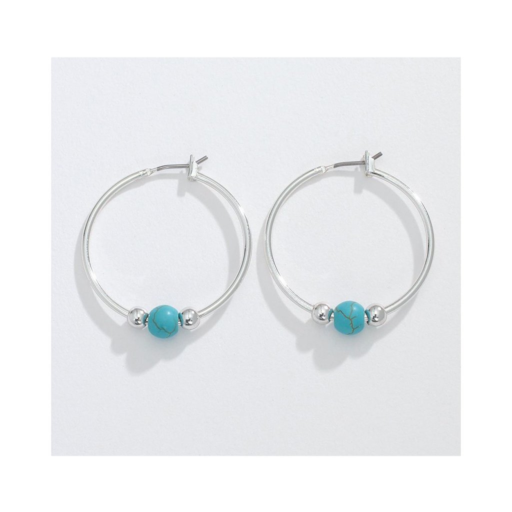 Periwinkle by Barlow   1” Silver Hoops with Turquoise Bead Earrings