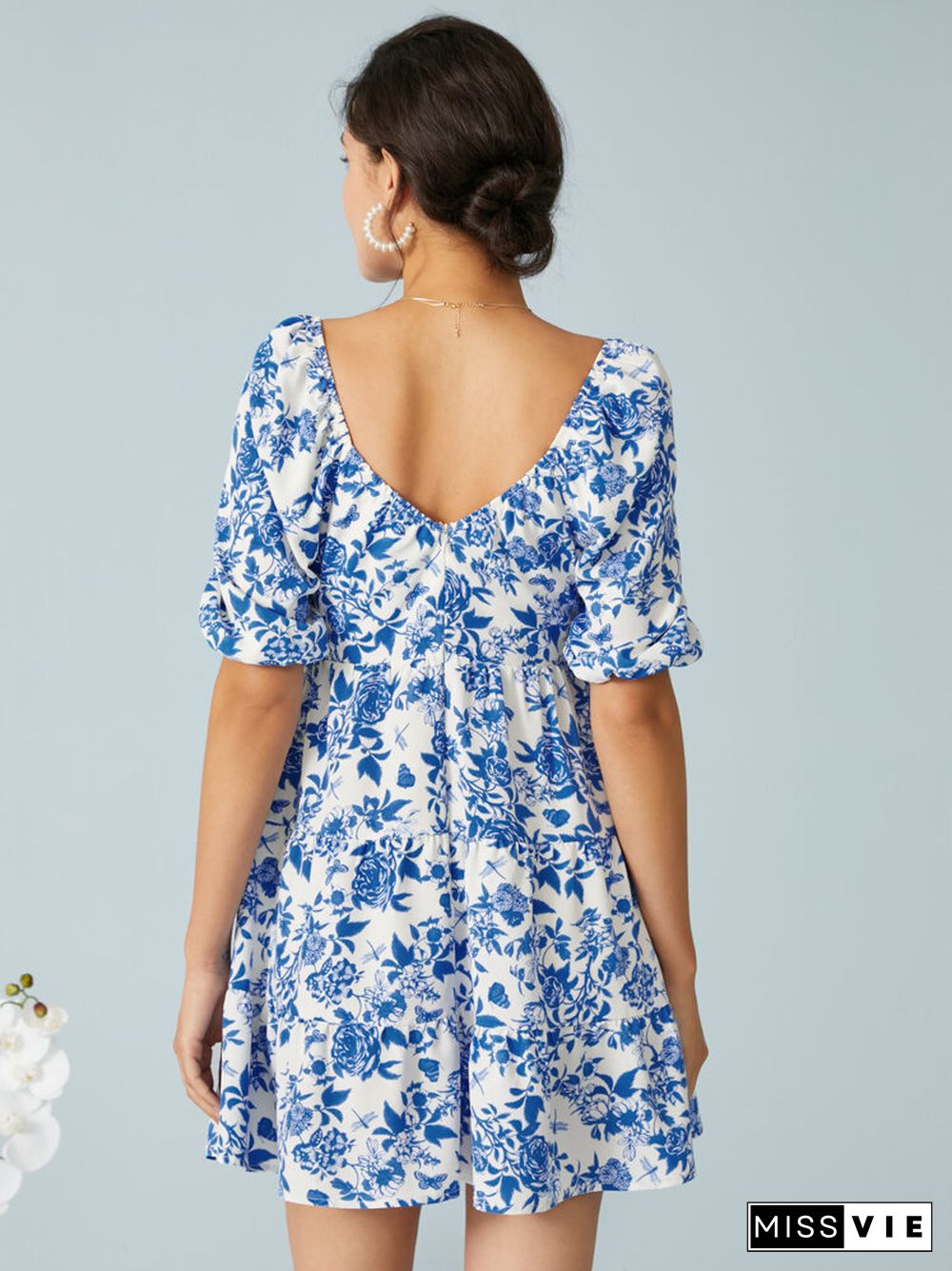 Navy Calico Print V-neck Lace-up Puff Sleeve Elegant Dress