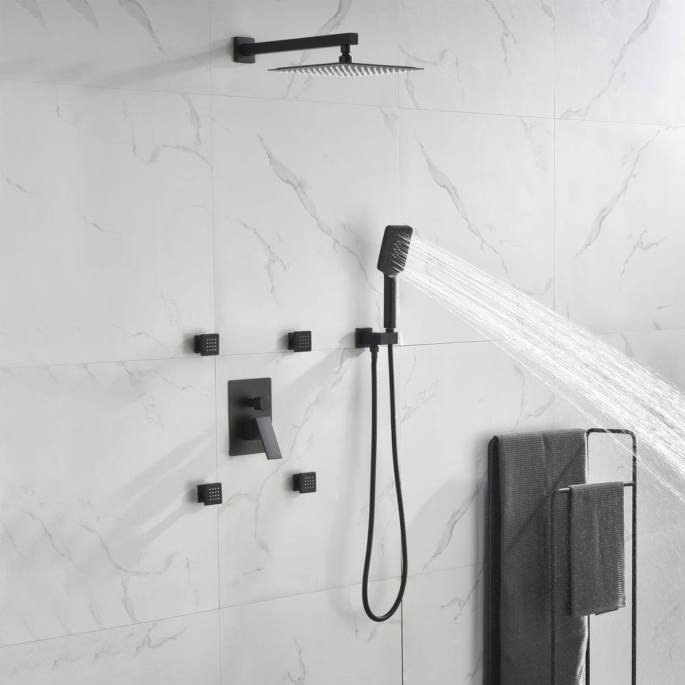 Tomfaucet 3-Spray Patterns 10 in. Wall Mount Dual Shower Heads Shower System with 4 Body Jets in Matte Black TFK0084MB