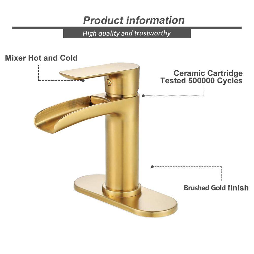 Miscool Single-Handle Single-Hole Bathroom Sink Faucet with Pop-up Drain Assembly Waterfall in Brushed Gold FAMSH10C1970BGL