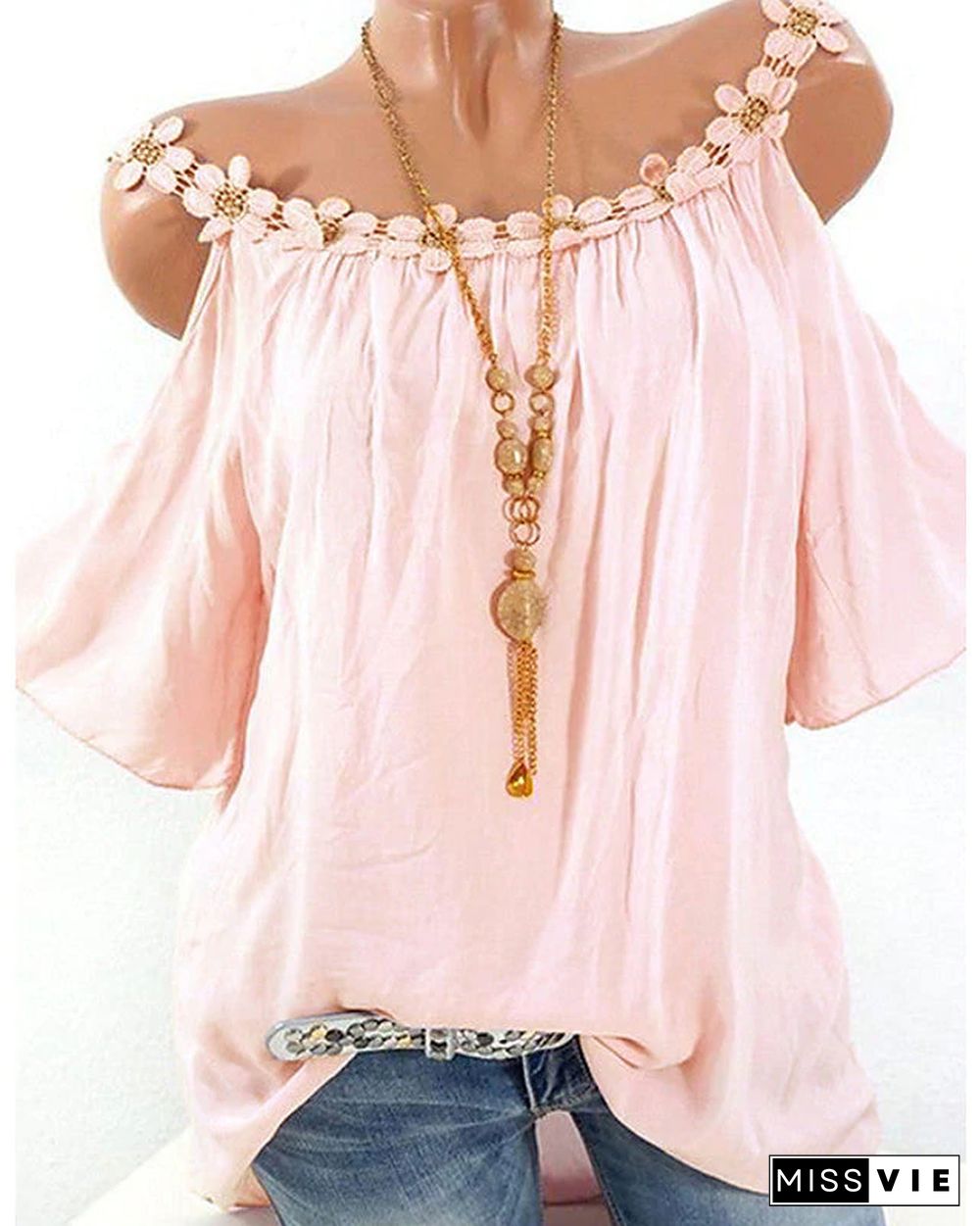 Women's T-shirt Solid Colored Lace Fashion Off Shoulder Round Neck Tops Basic Top White Blushing Pink Green-828