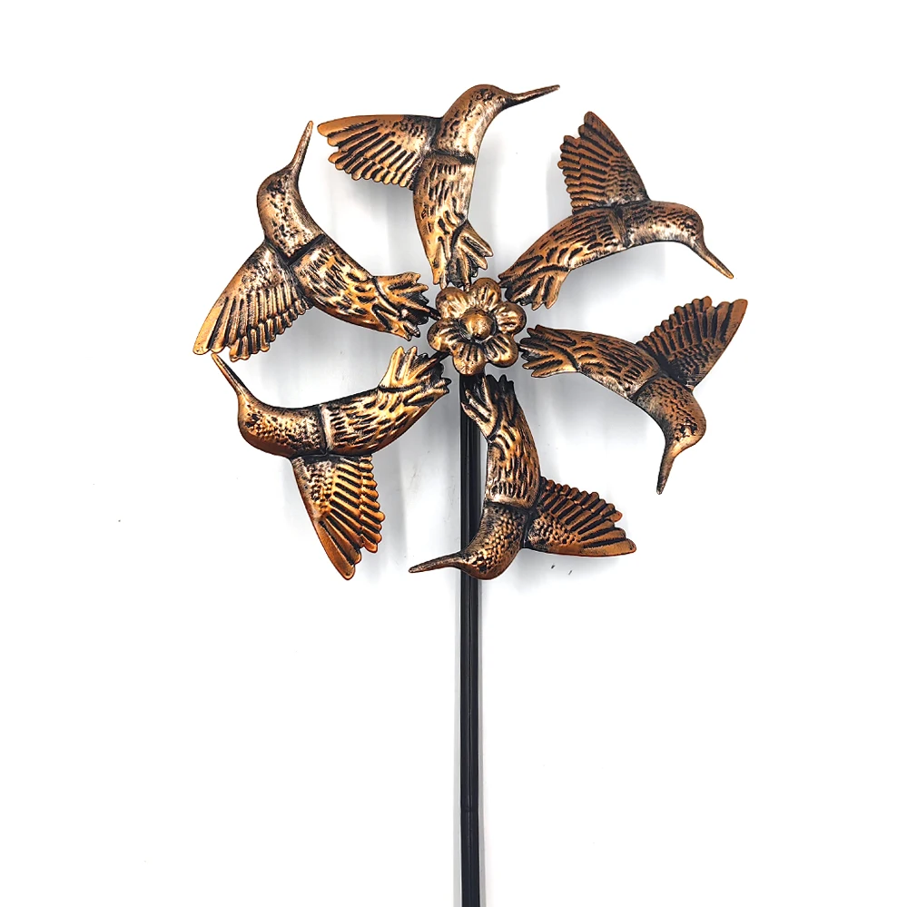 Hummingbird Kinetic Art Windmill Brown Waterproof Outdoor Metal Wind Sculpture Yard Lawn Decor Outside Metal Wind Spinner Stakes