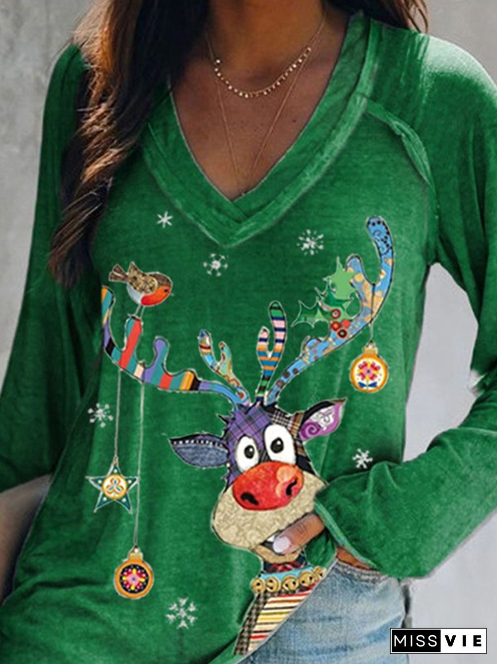 Christmas Printed Casual V Neck T-shirt