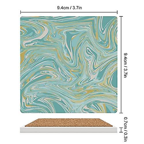 Colourlife Square Drink Coasters 2 Pcs Abstract Aqua Wave Marble Absorbent Ceramic Coffee Coasters For Drinks With Cork Base Housewarming Gift For Hom