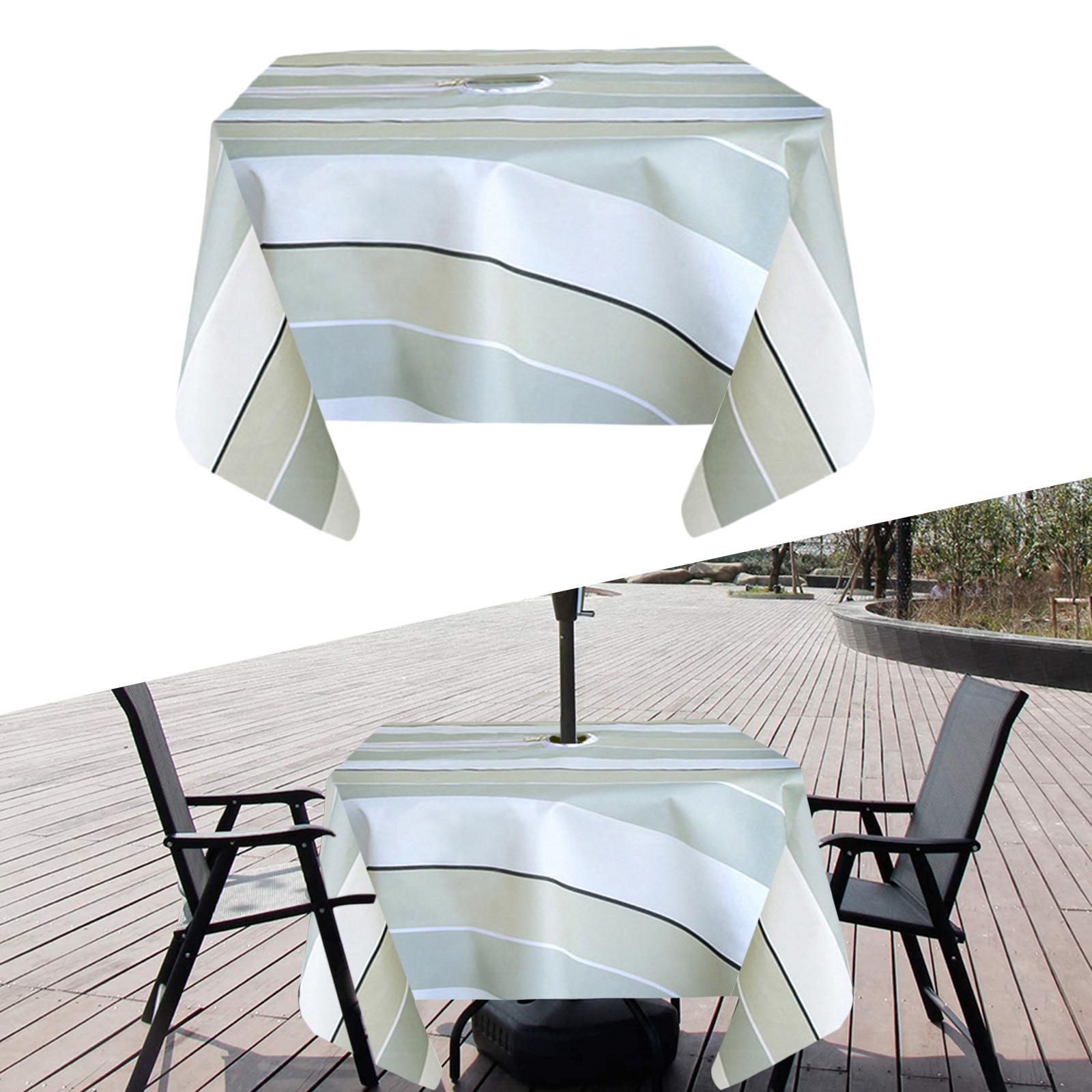 Waterproof Oilproof Polyester Zippered Patio Tablecloth with 2.76'' Parasol Umbrella Hole Table Cover for Garden Balcony Parties BBQ , Square Stripe