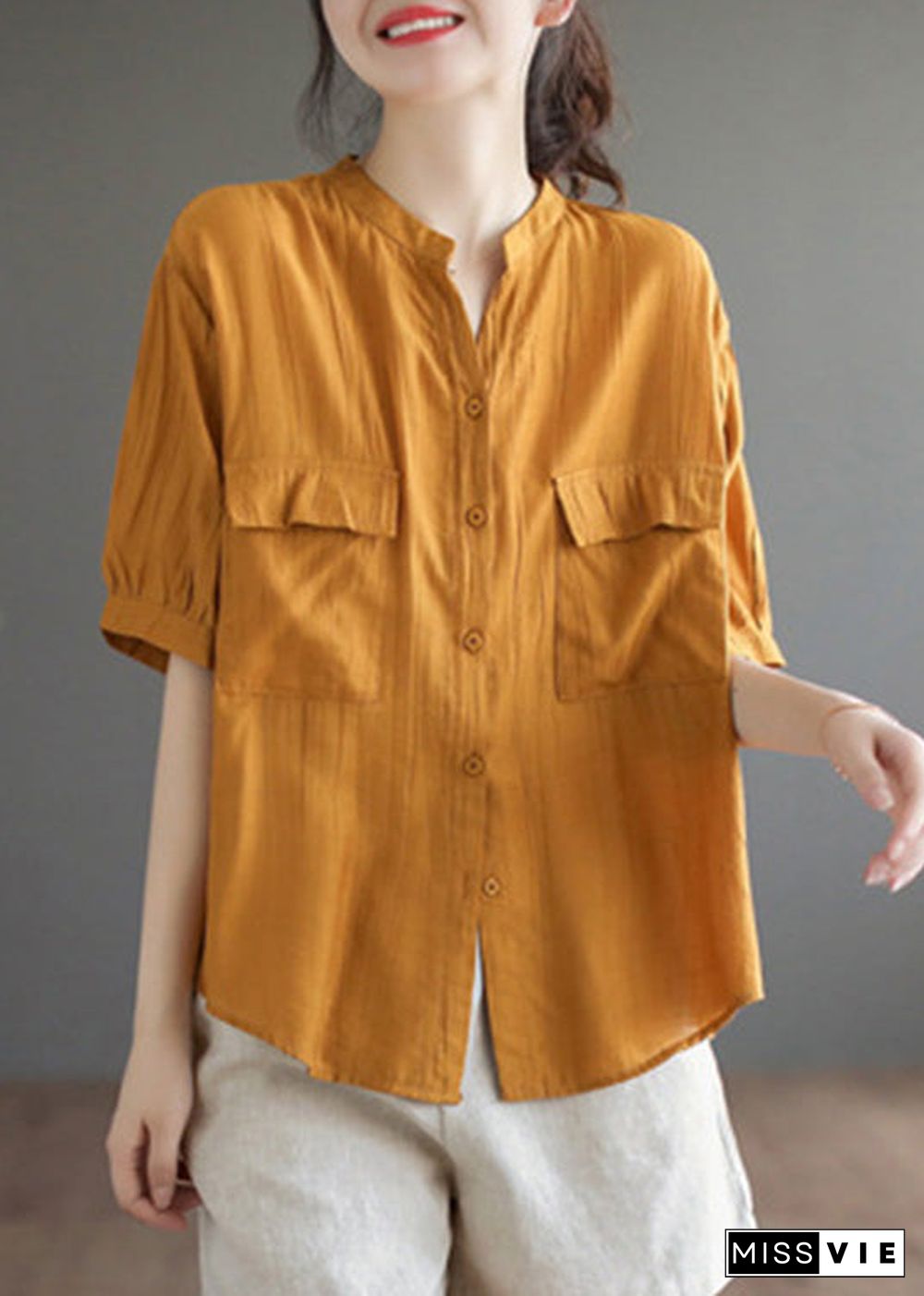 Italian Yellow V Neck Patchwork Button Solid Cotton Shirt Short Sleeve