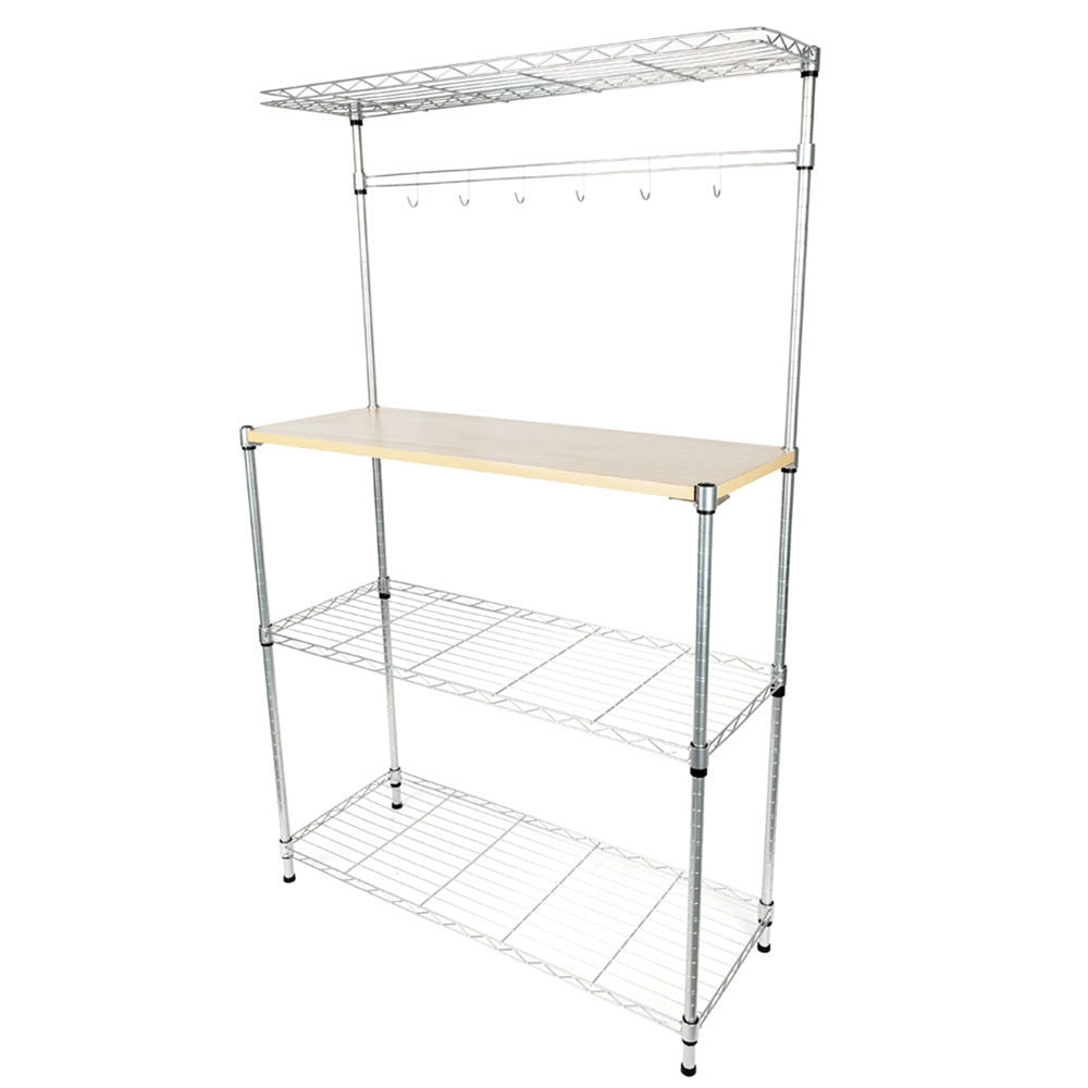 4 Tiers Kitchen Baker’s Rack Steel Storage Rack Microwave Oven Stand Storage Cart with 6 Hanging Hooks Cutting Board