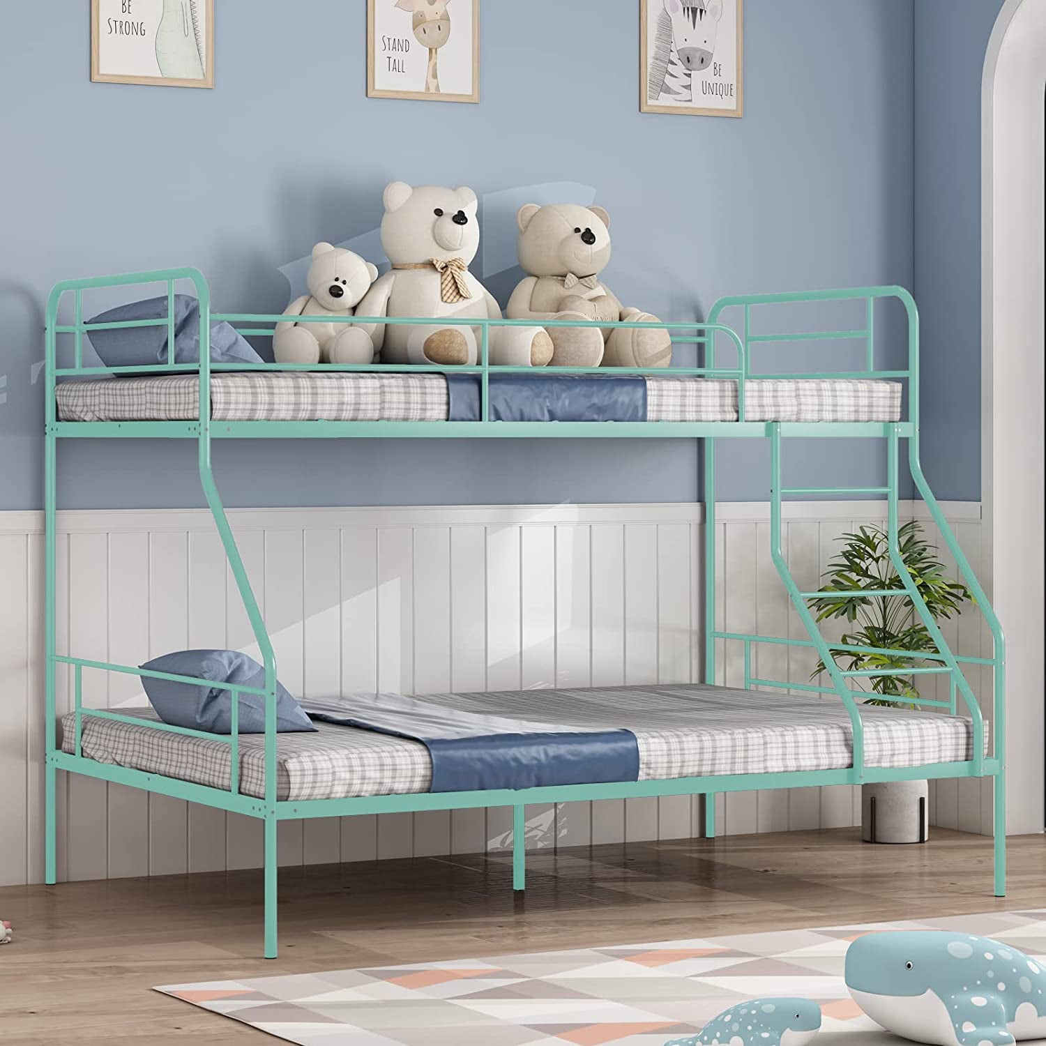 cuoote Twin Over Full Bunk Bed w/Ladder and Guardrail, Space-Saving Design, No Box Spring Needed, Mint Green