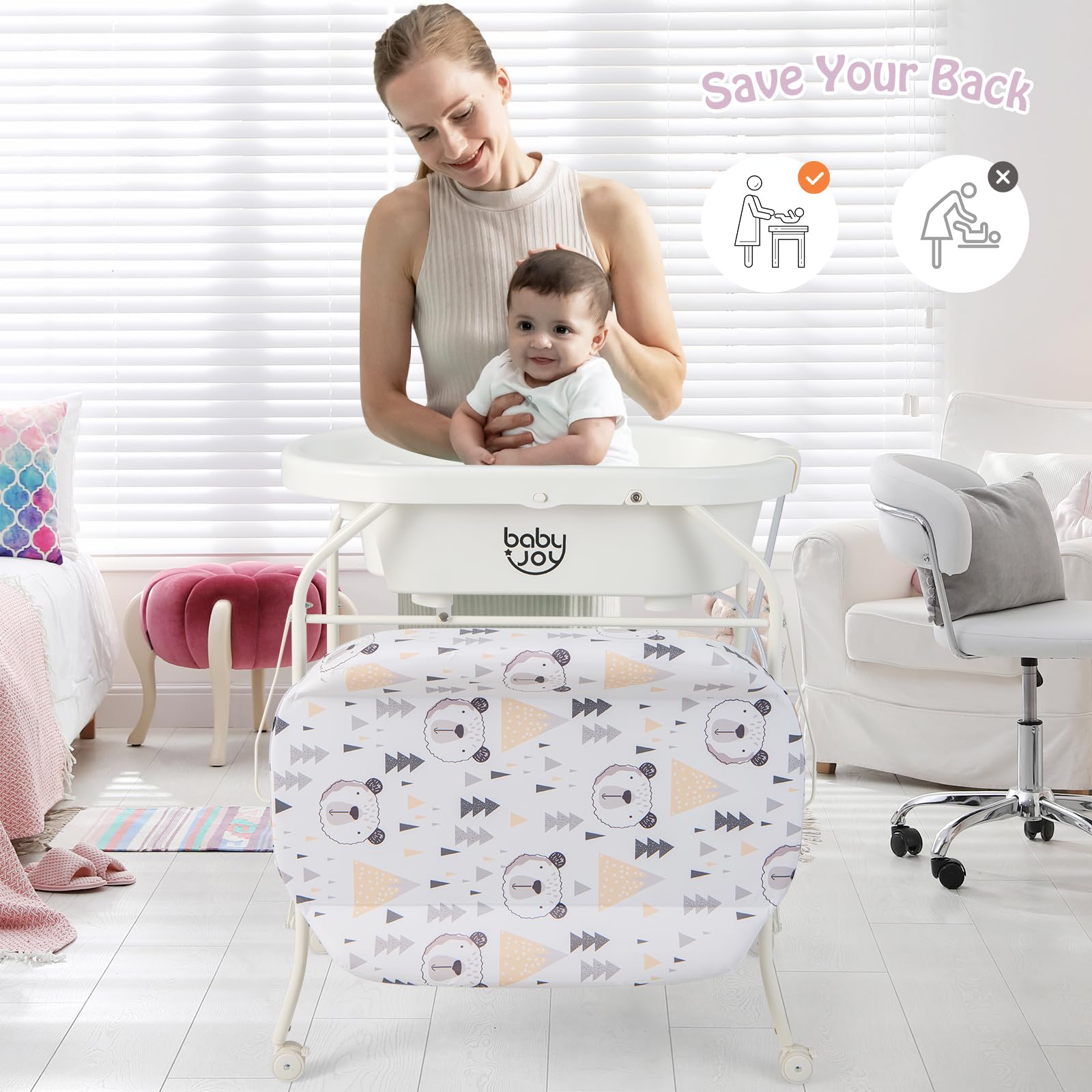 BABY JOY Baby Bathtub with Changing Table, Foldable Infant Diaper Changing Station with Storage Tray