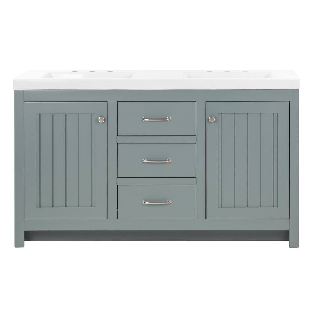 Home Decorators Collection Glint 60.5 in. W x 18.75 in. D Bath Vanity in Sage with White Cultured Marble Top in White with 2 Integrated Sinks B60X20096