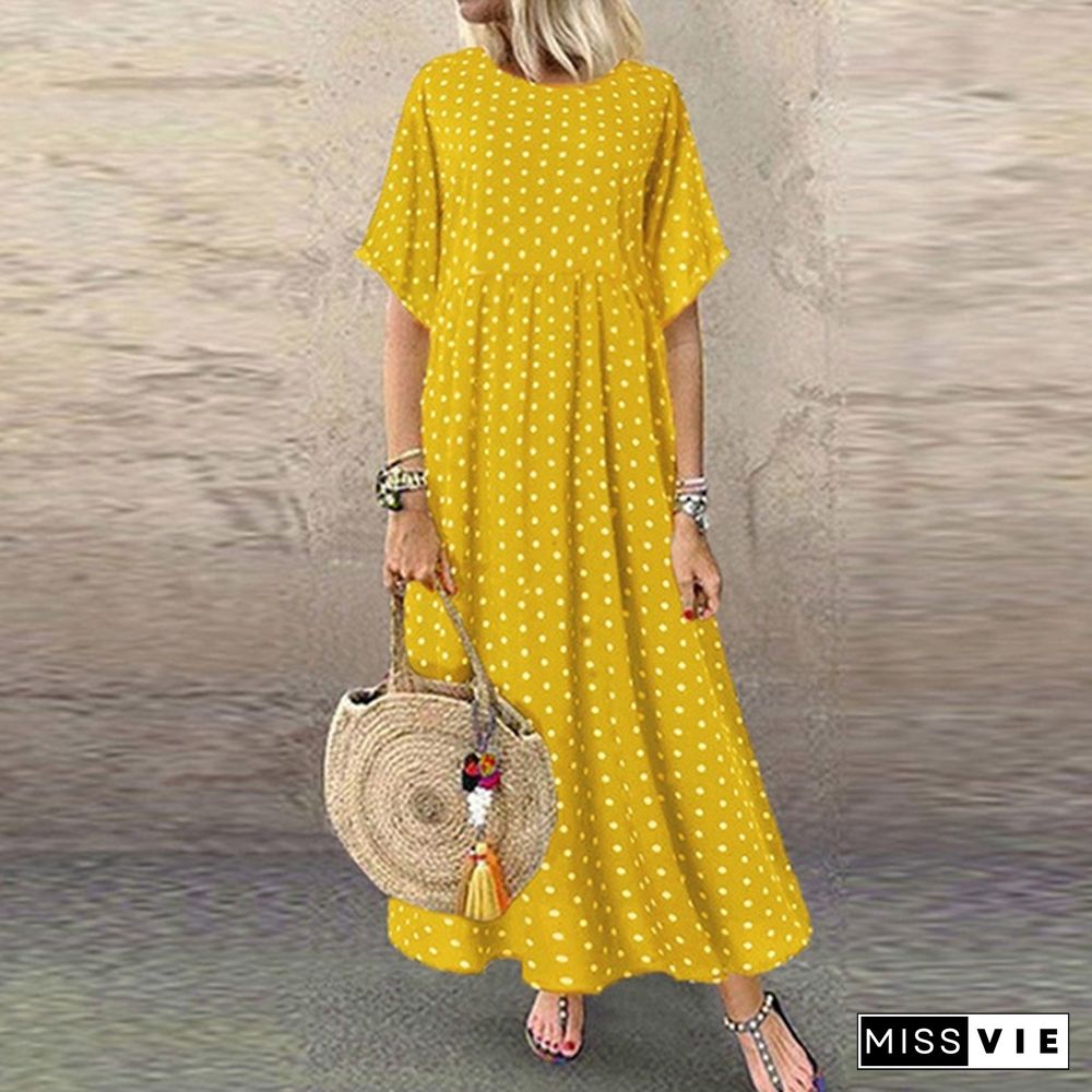 Women Summer Retro Polka Dot Printed Long Dress Casual Loose O-neck Short Sleeve Tunic Dress Maxi Dress Vestidos S-5XL