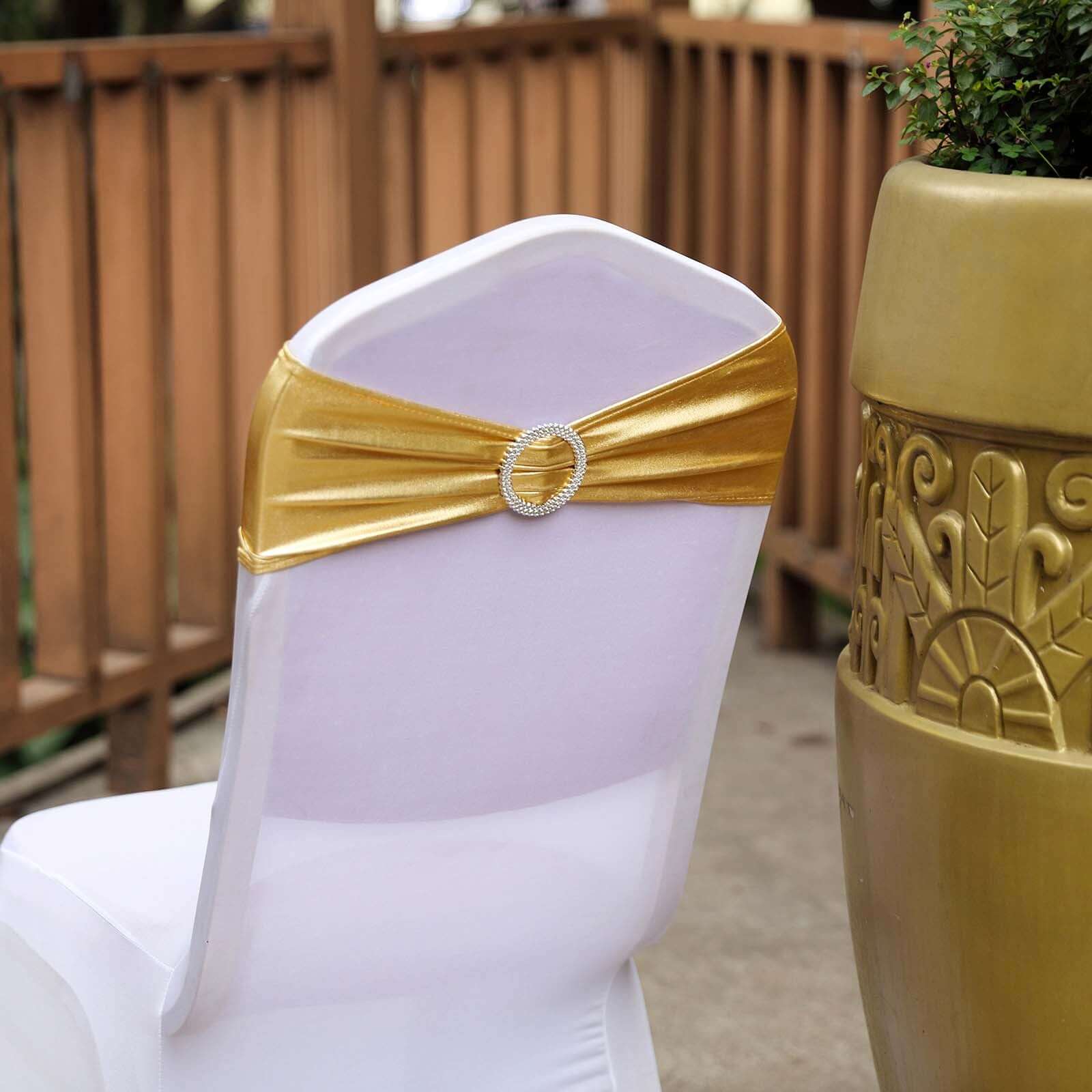 5 Pack Metallic Gold Spandex Chair Sashes With Attached Round Diamond Buckles